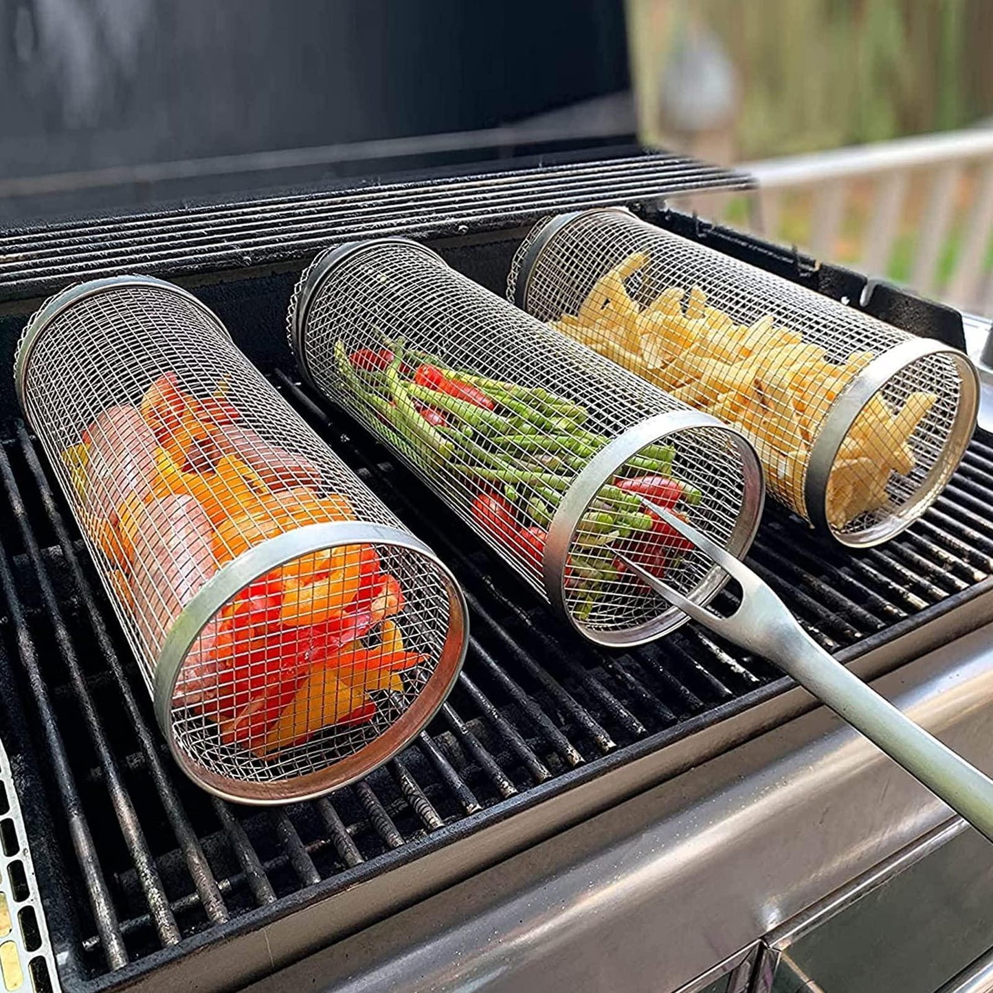 Rolling Grilling Basket Metal BBQ Barbecue Basket Net Portable Outdoor Camping Barbecue Rack Kitchen Gadgets - ThinkSmartTech