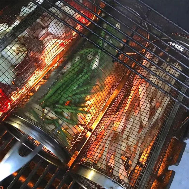 Rolling Grilling Basket Metal BBQ Barbecue Basket Net Portable Outdoor Camping Barbecue Rack Kitchen Gadgets - ThinkSmartTech