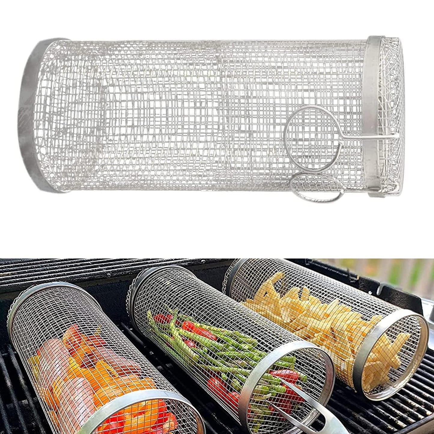 Rolling Grilling Basket Metal BBQ Barbecue Basket Net Portable Outdoor Camping Barbecue Rack Kitchen Gadgets - ThinkSmartTech