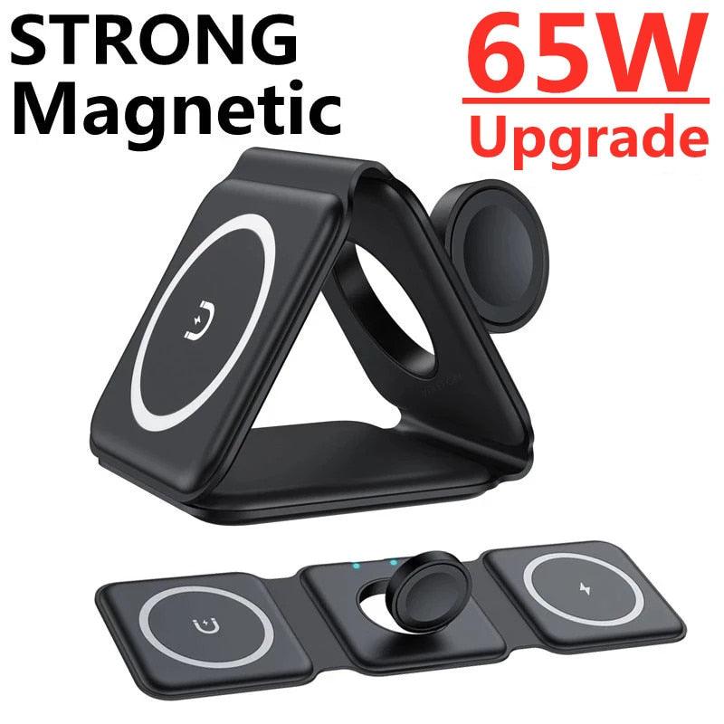 65W 3 in 1 Magnetic Wireless Charger Stand Foldable for iPhone 14 13 12 Pro Max Airpods iWatch 8 7 Fast Charging Dock Station - ThinkSmartTech