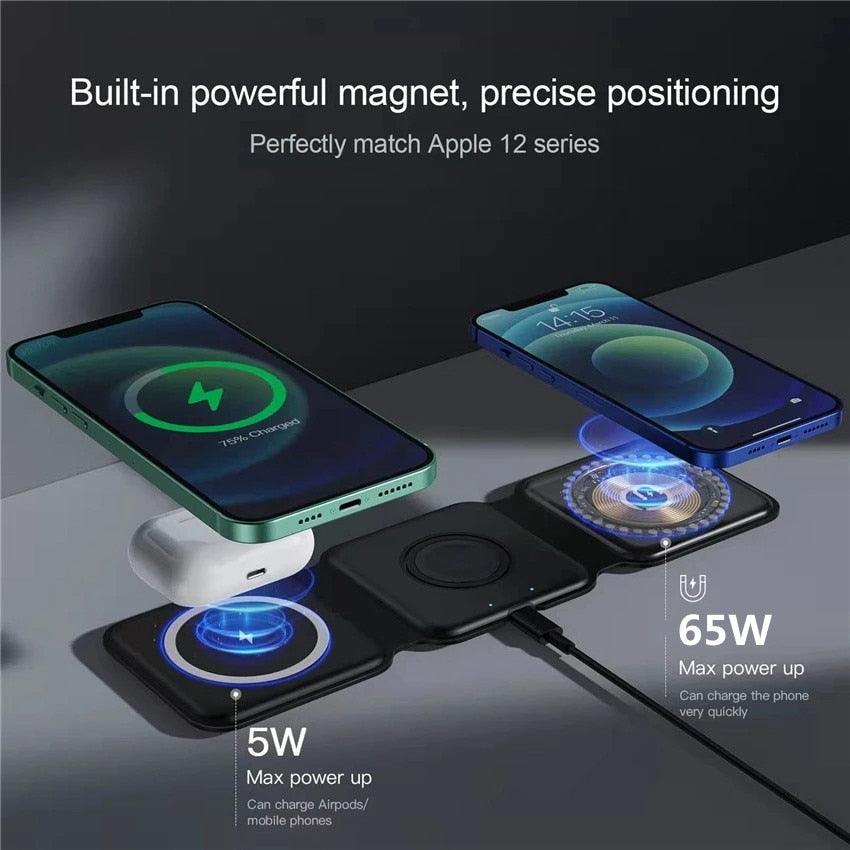 65W 3 in 1 Magnetic Wireless Charger Stand Foldable for iPhone 14 13 12 Pro Max Airpods iWatch 8 7 Fast Charging Dock Station - ThinkSmartTech