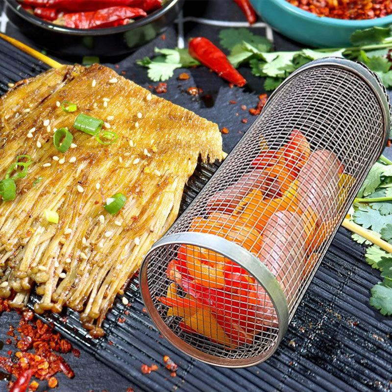 Rolling Grilling Basket Metal BBQ Barbecue Basket Net Portable Outdoor Camping Barbecue Rack Kitchen Gadgets - ThinkSmartTech