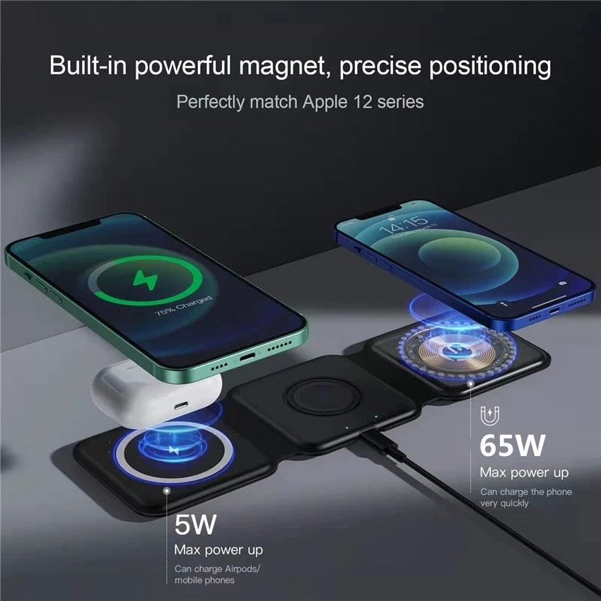 65W 3 in 1 Magnetic Wireless Charger Stand Foldable for iPhone 14 13 12 Pro Max Airpods iWatch 8 7 Fast Charging Dock Station